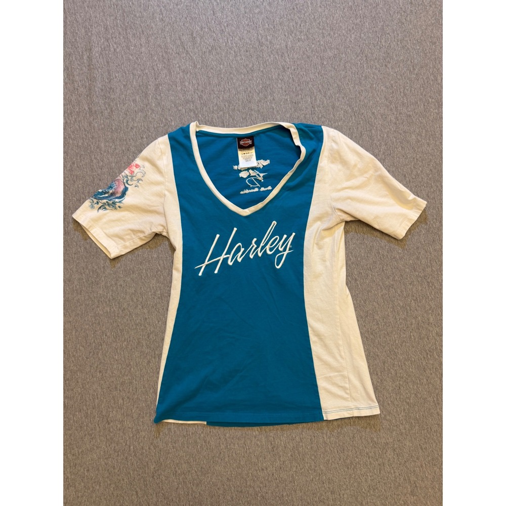 Harley-Davidson Womens Teal Cream Colorblock Koi Floral Graphic V-Neck Shirt M